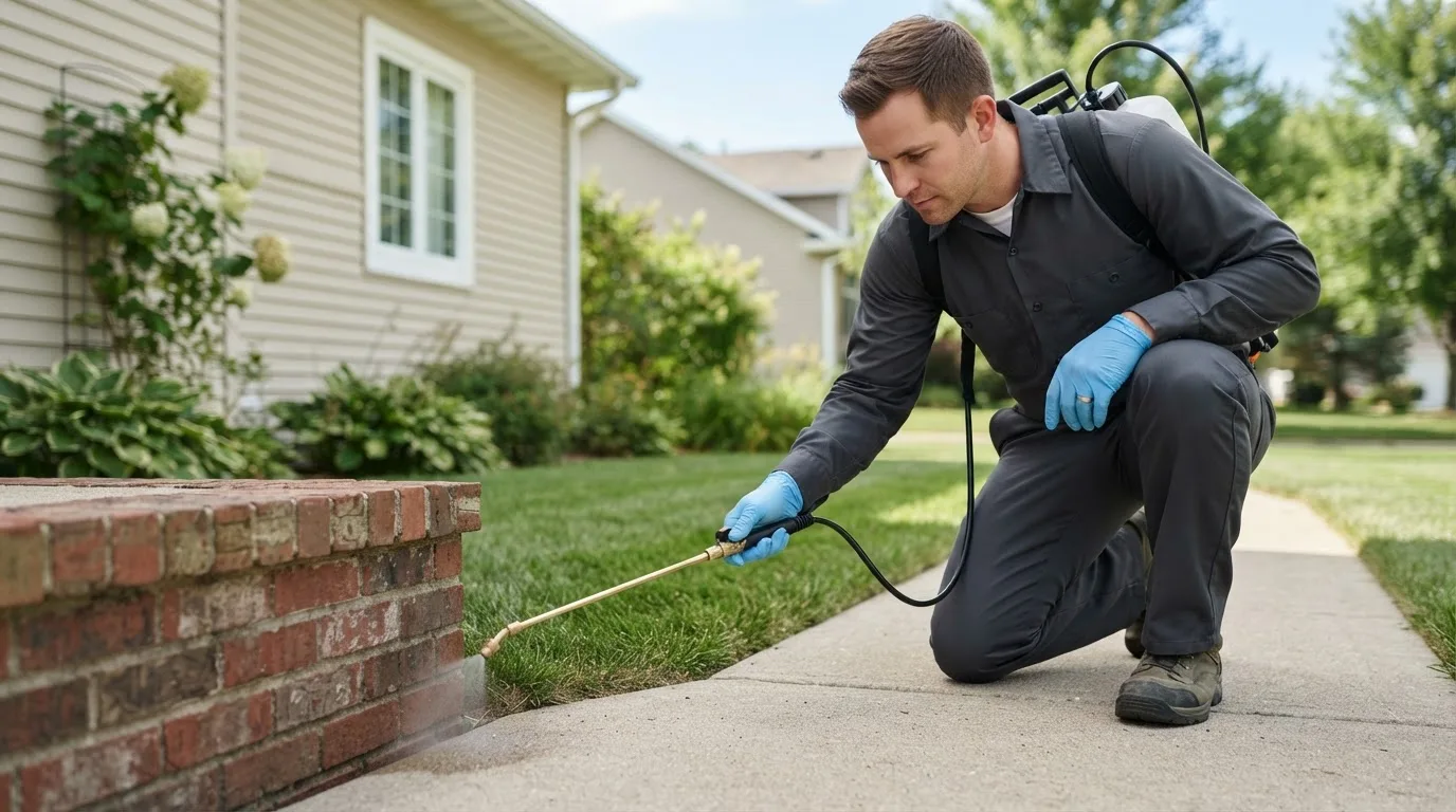 Pest control technician treating a home near Hallwood, VA